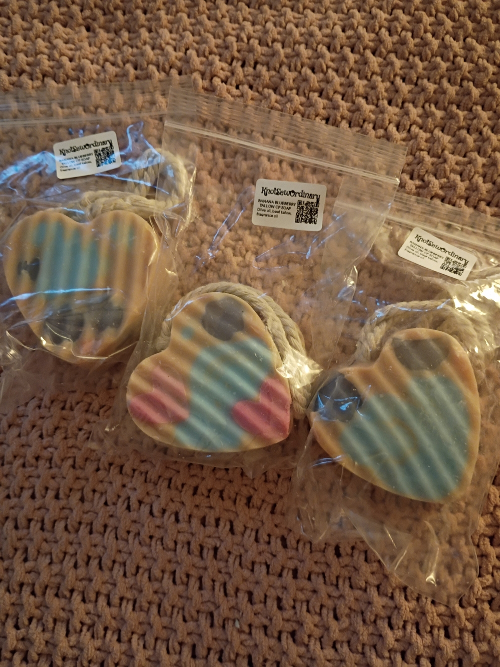 Pastel Heart Tallow Soap On A Rope - Blue & Pink